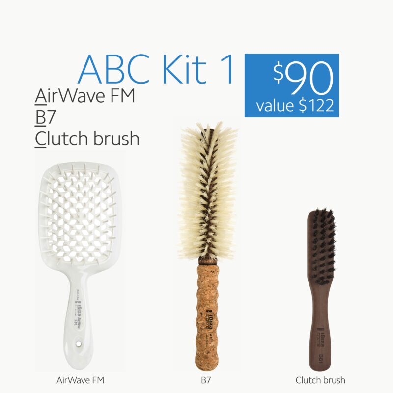 The essential 3-piece styling set. The Ibiza Hair ABC Kit 1 includes the AirWave FM for gentle wet detangling, the iconic B7 boar bristle round brush for voluminous blowouts, and the Clutch brush for perfect finishing