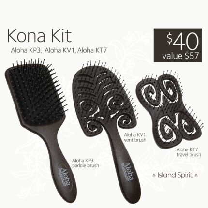 Shop the Aloha Kona Kit at LA Shear. This 3-piece set includes the KP3 paddle, KV1 vent, and KT7 travel brush for easy detangling and fast blow-drying.