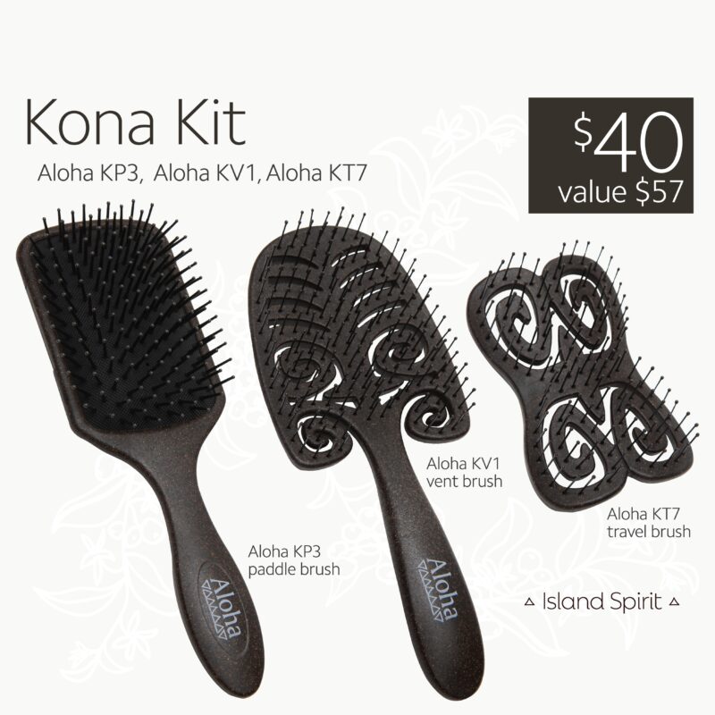 Shop the Aloha Kona Kit at LA Shear. This 3-piece set includes the KP3 paddle, KV1 vent, and KT7 travel brush for easy detangling and fast blow-drying.