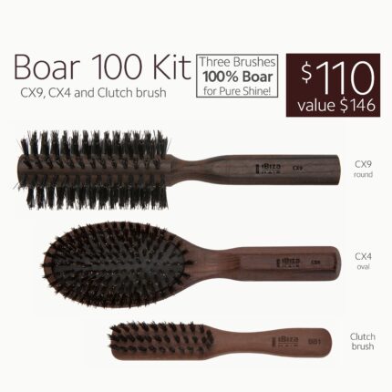 Achieve pure, natural shine with the Ibiza Hair Boar 100 Kit. This professional set features three brushes crafted from 100% boar bristles: the CX9 round brush for voluminous blowouts, the CX4 oval brush for smoothing, and the versatile Clutch brush for finishing and detail work.