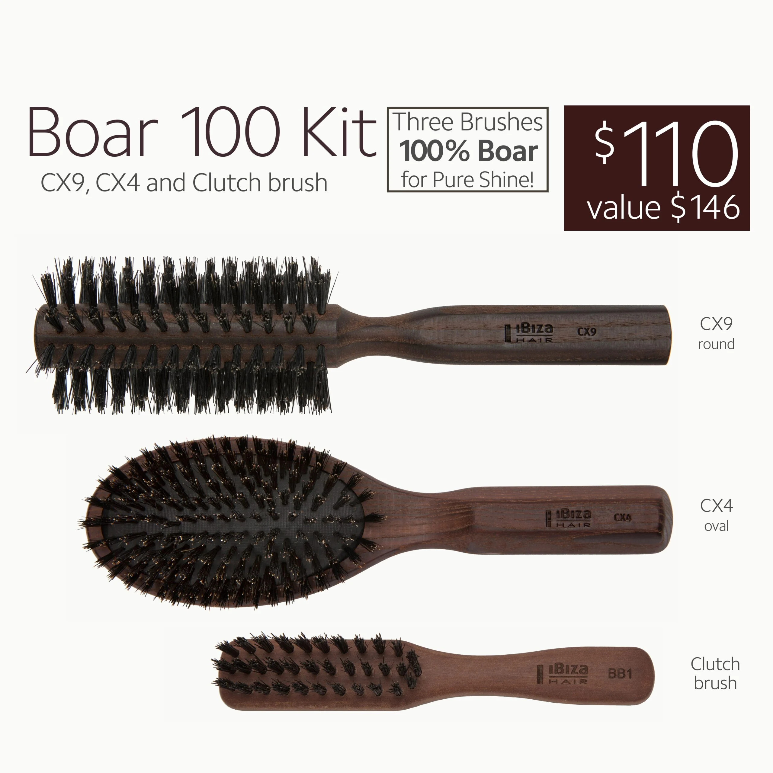 Ibiza Hair Boar 100 Kit - 100% Boar Bristle Brush Set Ibiza Hair Boar 100 Kit - 100% Boar Bristle Brush Set